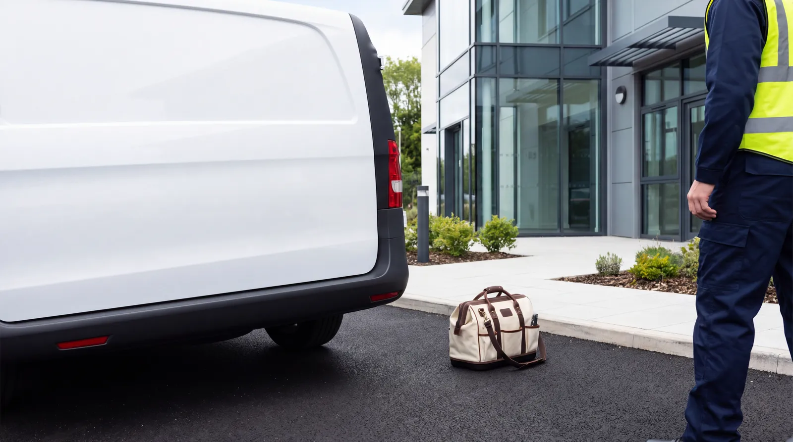 A single new van parked outside a modern workshop unit with a tool bag beside it