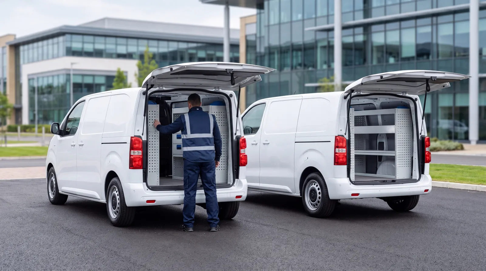 Two new vans side by side with rear doors open, showing freshly fitted racking